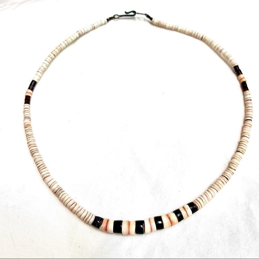 Coral onyx vintage PUKA SHELL HEISHI  necklace-hand made clasp Choker length 14"